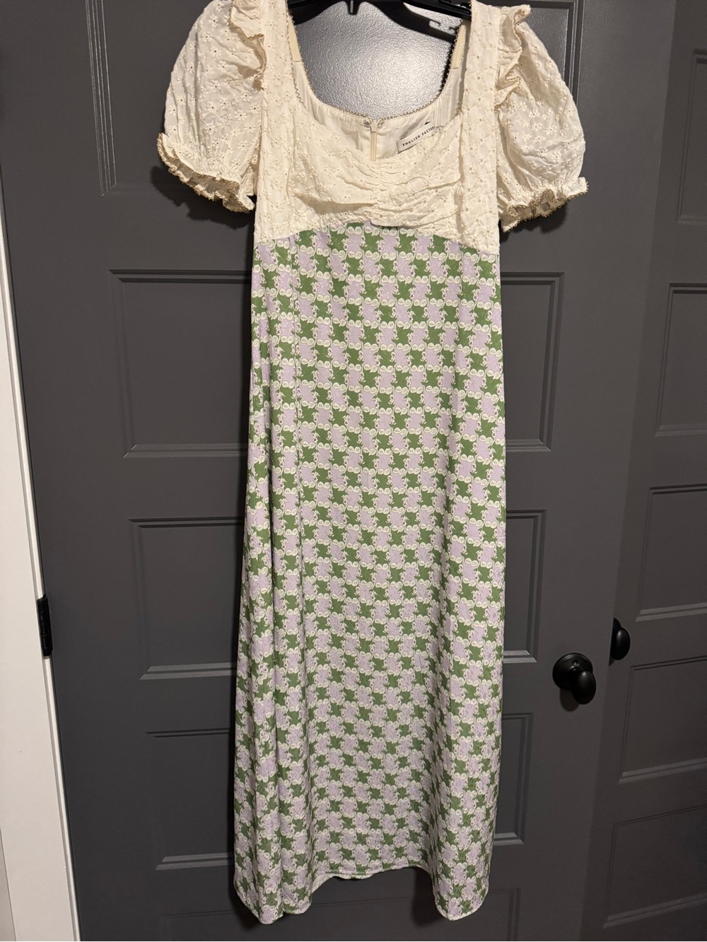 English Factory Cream Puff-Sleeve Maxi Dress with Green Floral Skirt